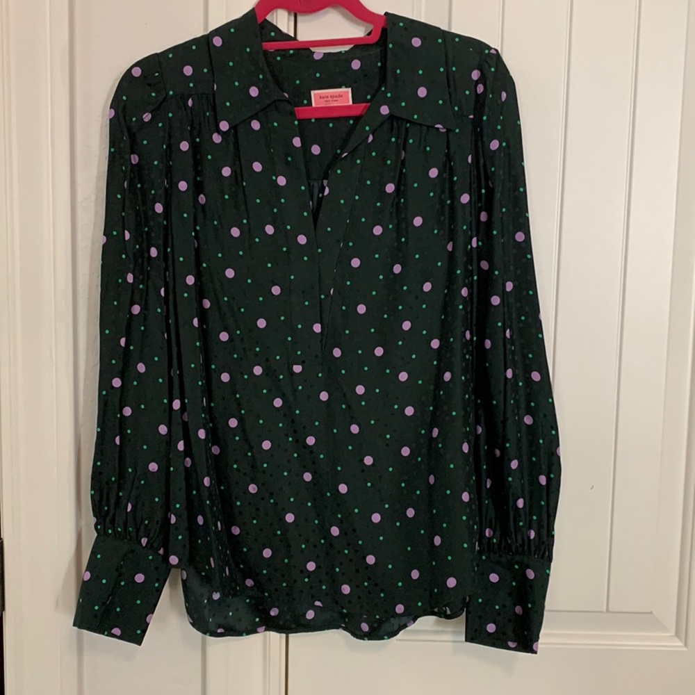 kate spade Green Blouse with Purple Polka Dots